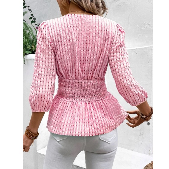 Pink Peplum Plunging Blouse - Picture 2 of 6